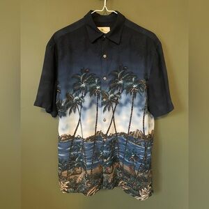 Island Shores Men's Hawaiian Button Down Short Sleeve Shirt Medium Navy Blue